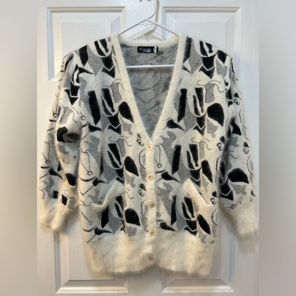 Vintage Angora Abstract Cardigan Sweater Size L Pearl‎ Toned Buttons 80's 90's